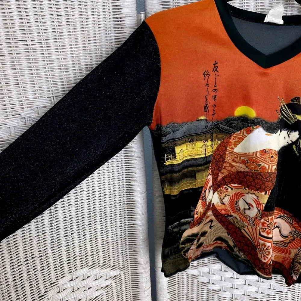 Scoop! Y2K Geisha Print Top Black Sheer Sleeve Orange Graphic Retro Novelty M - Picture 6 of 11